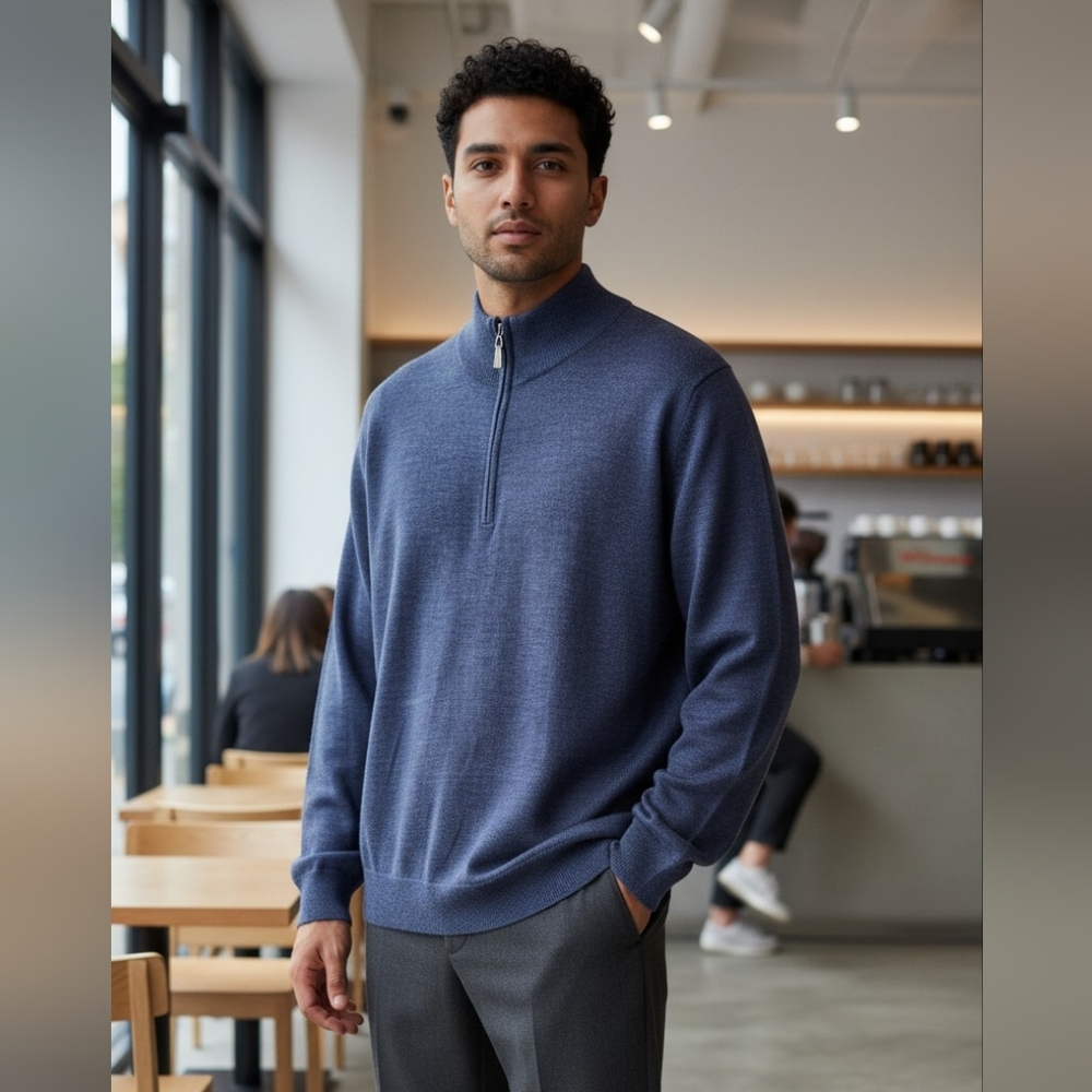 Linea Uomo Wool Blend Men's Navy Half-Zip Sweater
